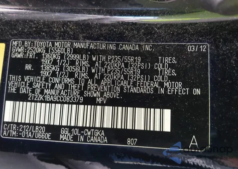 2012 Lexus Rx 350 из США, поврежденный, VIN 2T2ZK1BA9CC083379